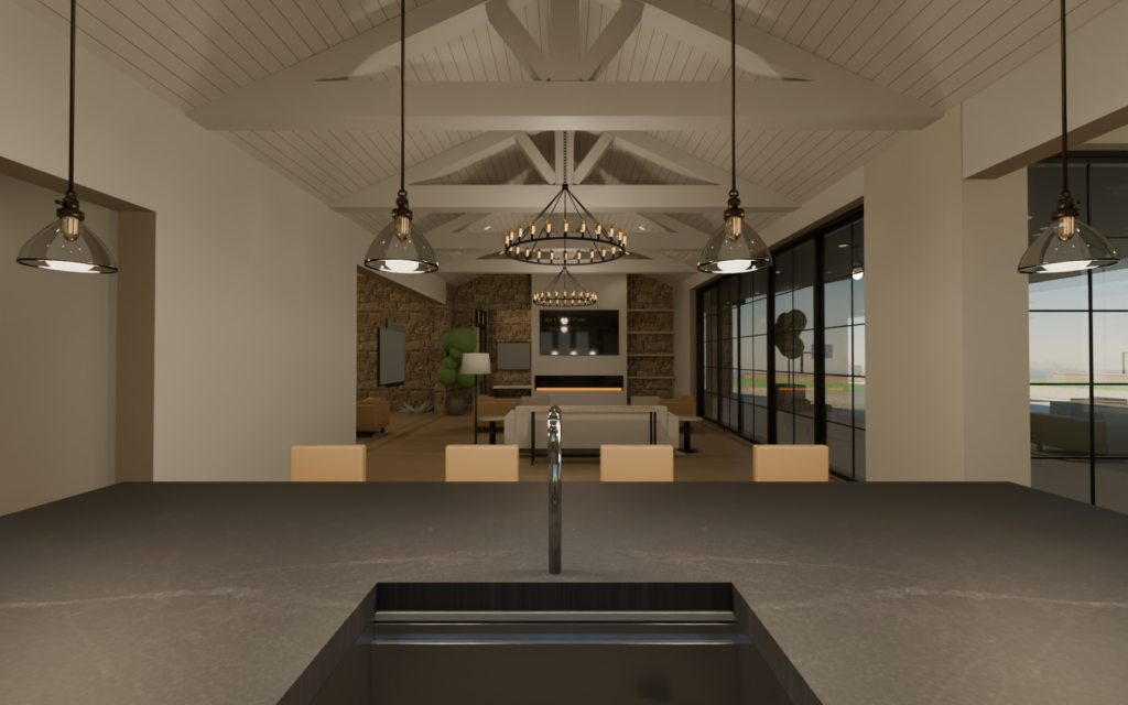 Great room with king-post trusses, from the kitchen