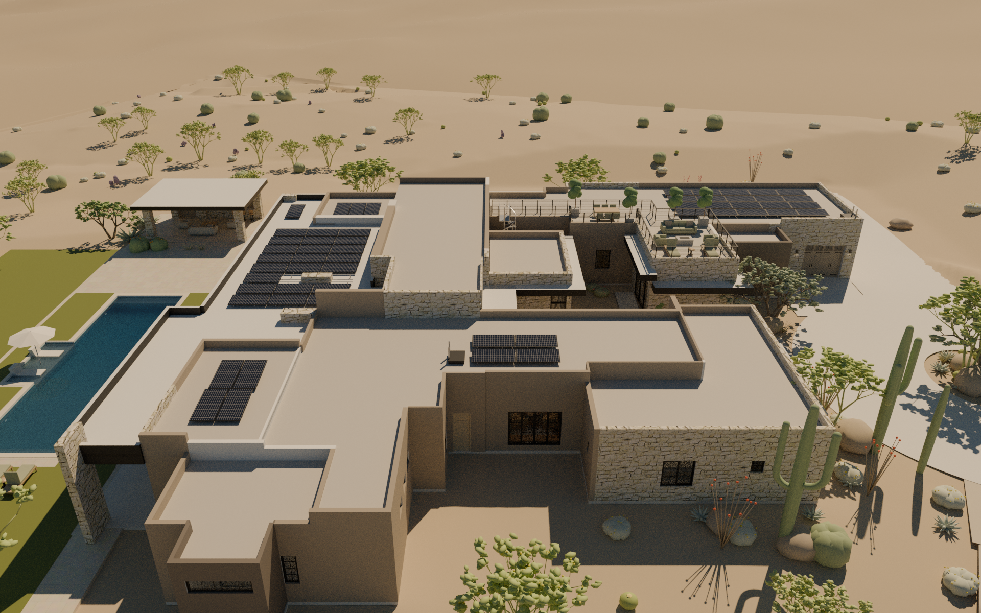Aerial view of a custom home model built from the permit drawings